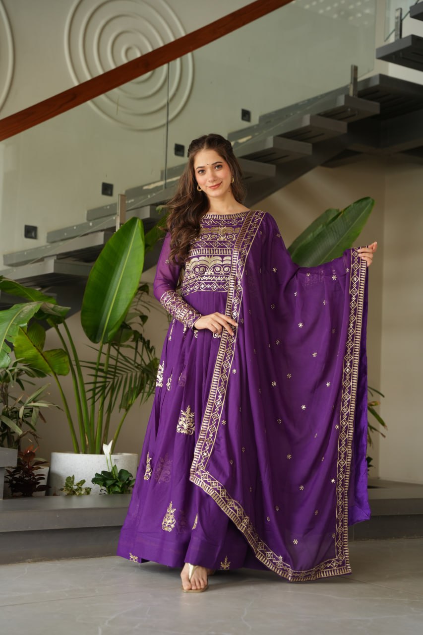 Premium Purple Embroidered Chinnon Gown with Dupatta