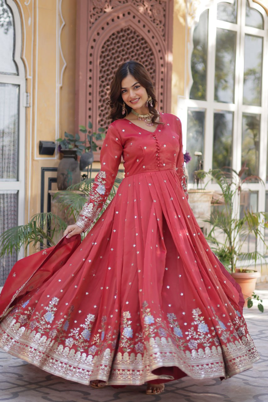 Ethereal Coral Orange Gown with Dupatta - Embroidered Viscose Cosmos Set 🧡✨