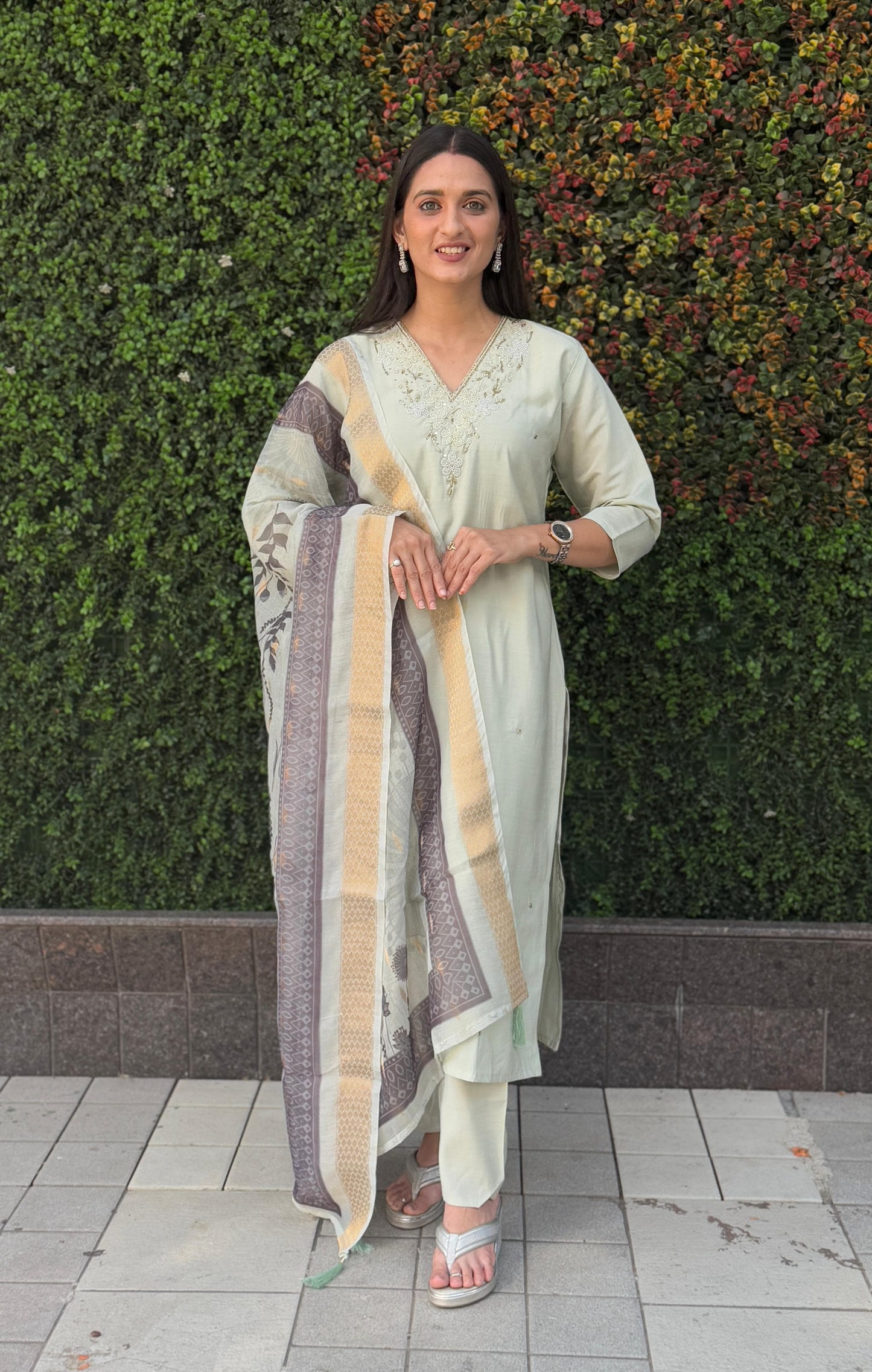 Elegant Roman Silk Kurti Pant Dupatta Set - Handwork Detailing | MA³ Store