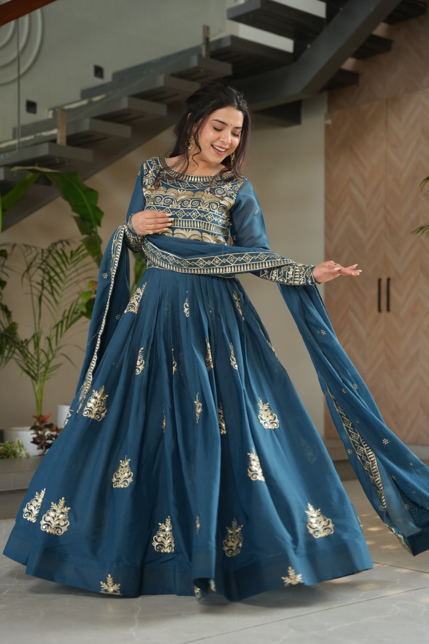 Premium Teal Blue Embroidered Chinnon Gown with Dupatta