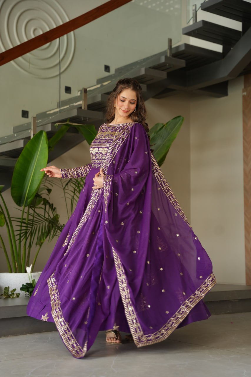 Premium Purple Embroidered Chinnon Gown with Dupatta