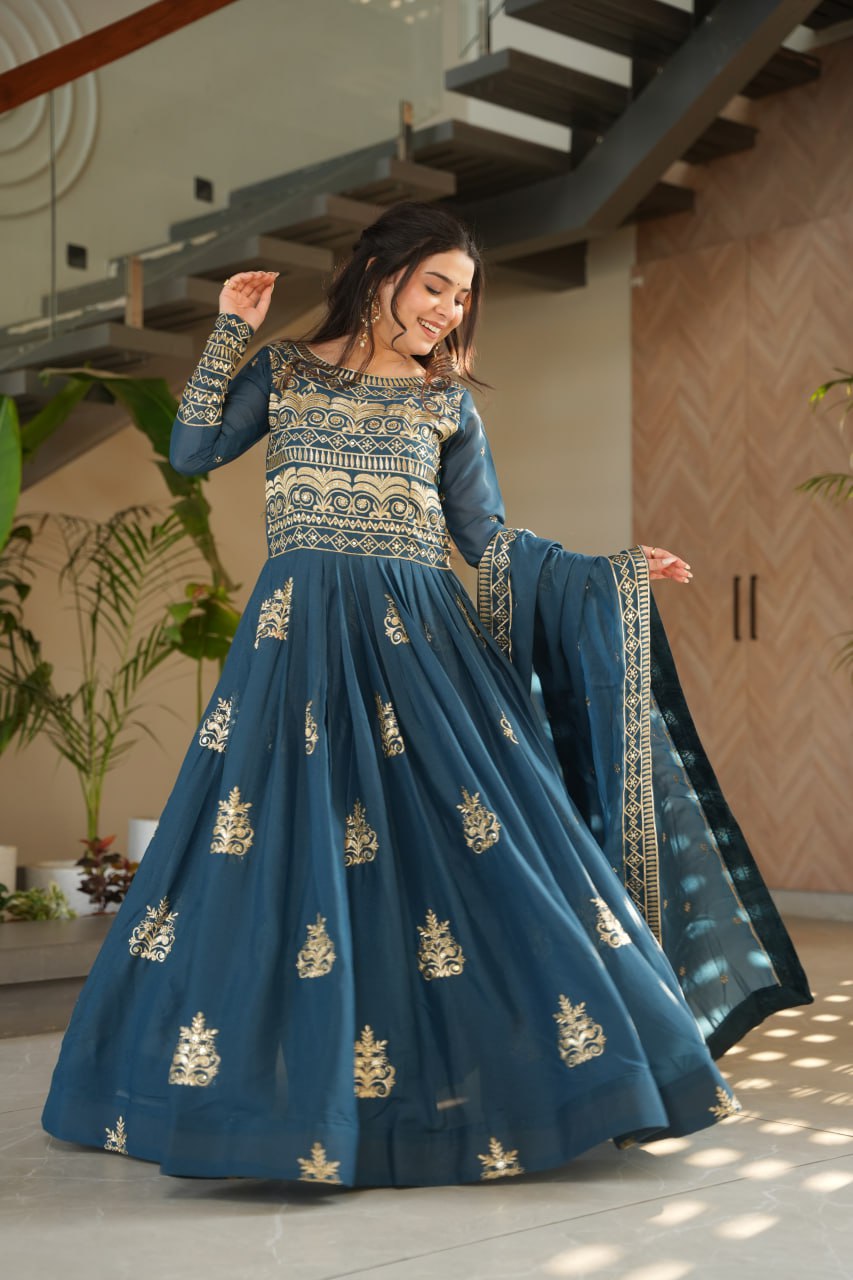 Premium Teal Blue Embroidered Chinnon Gown with Dupatta