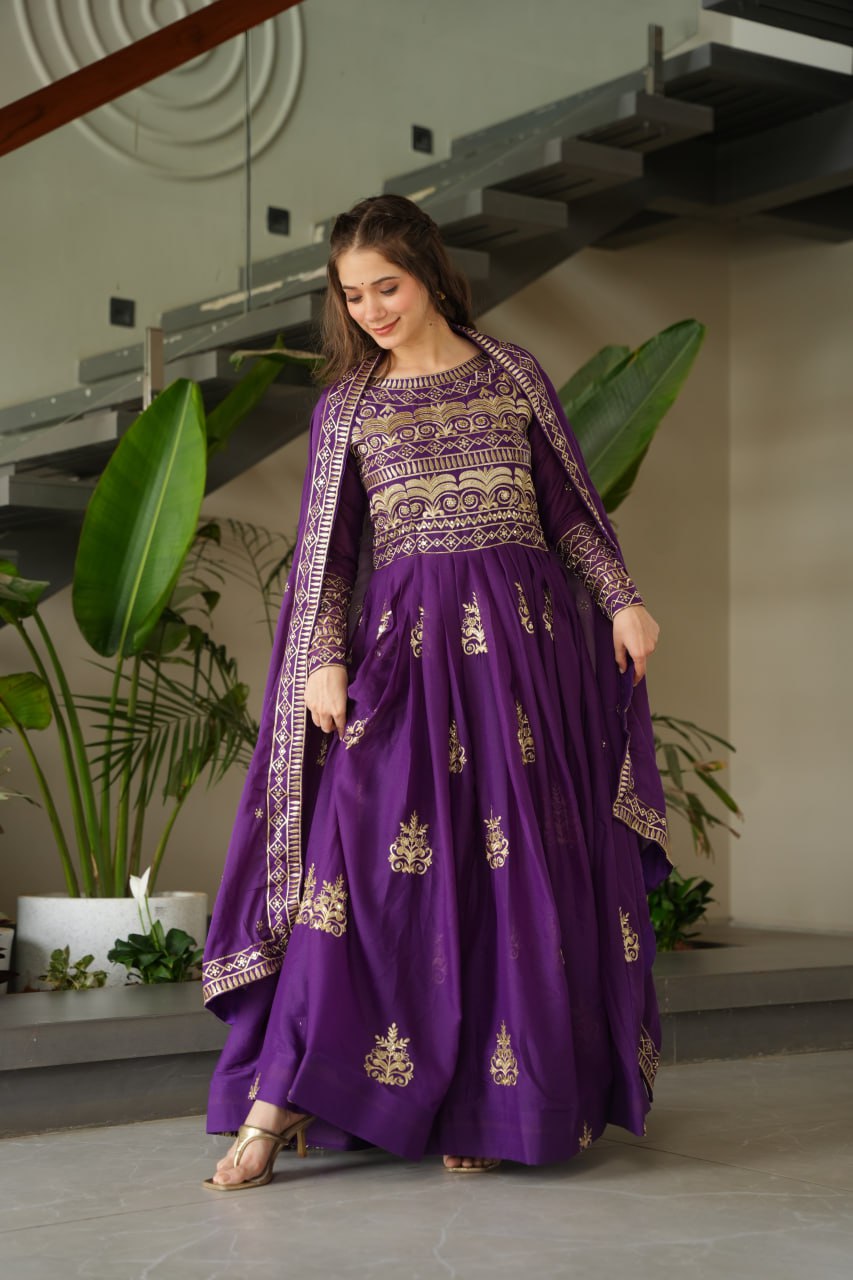 Premium Purple Embroidered Chinnon Gown with Dupatta