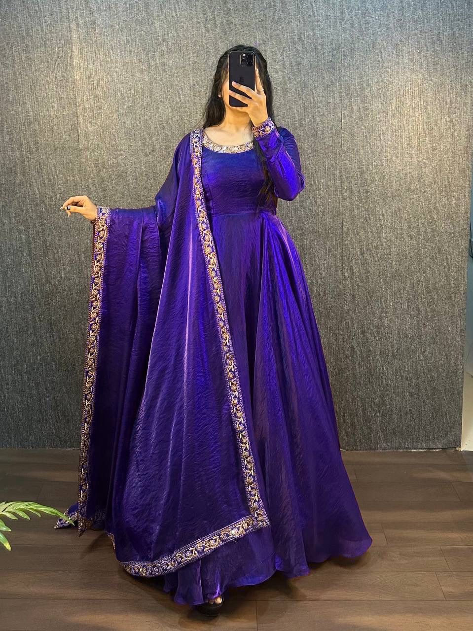 Glamorous Soft Fendy Silk Sequins Embroidered Gown with Dupatta