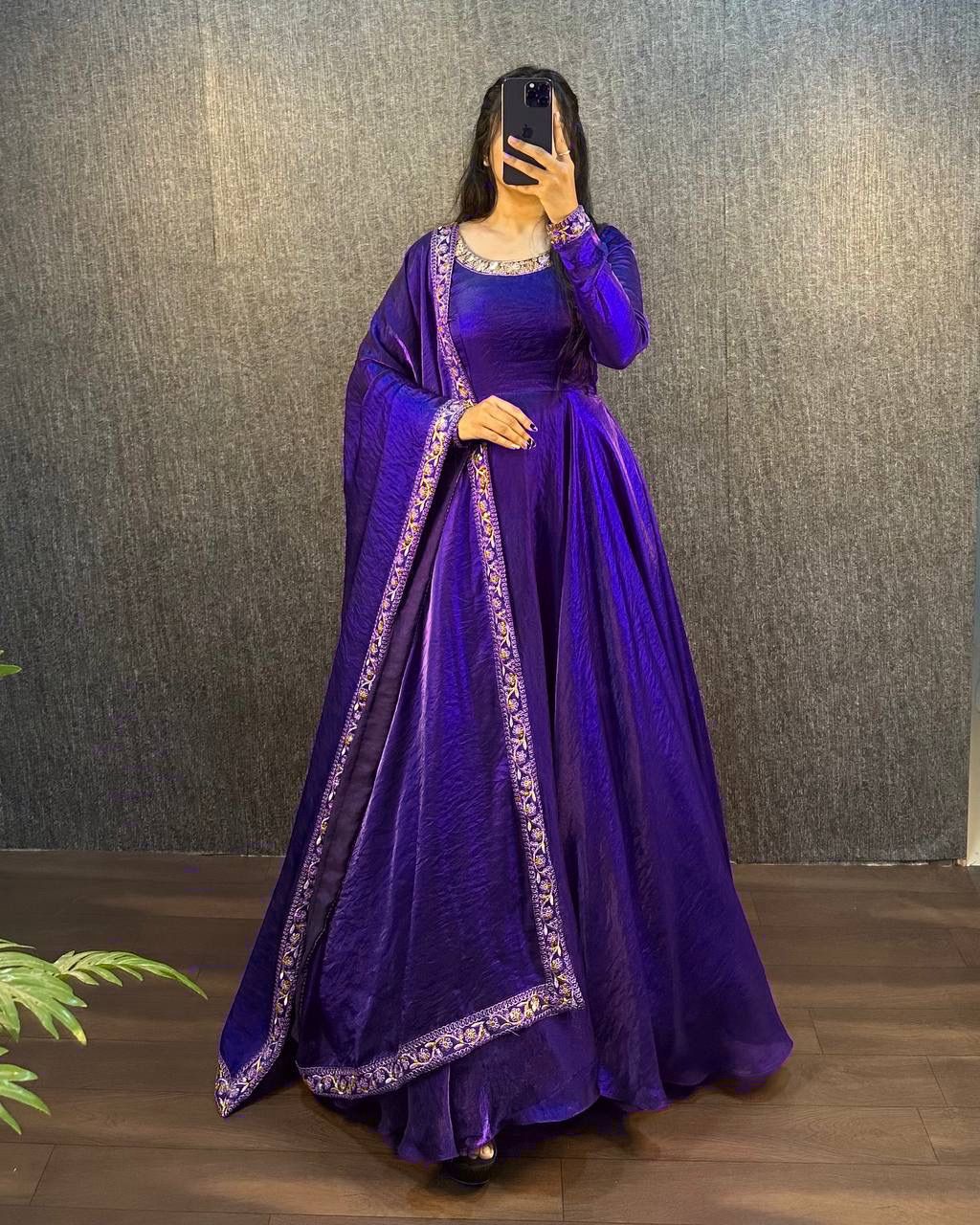 Glamorous Soft Fendy Silk Sequins Embroidered Gown with Dupatta