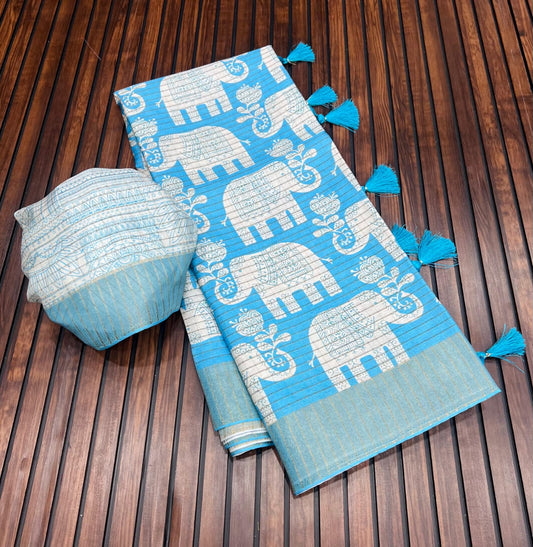 Elegant Dola Silk Zari Saree with Kalamkari Elephant Print