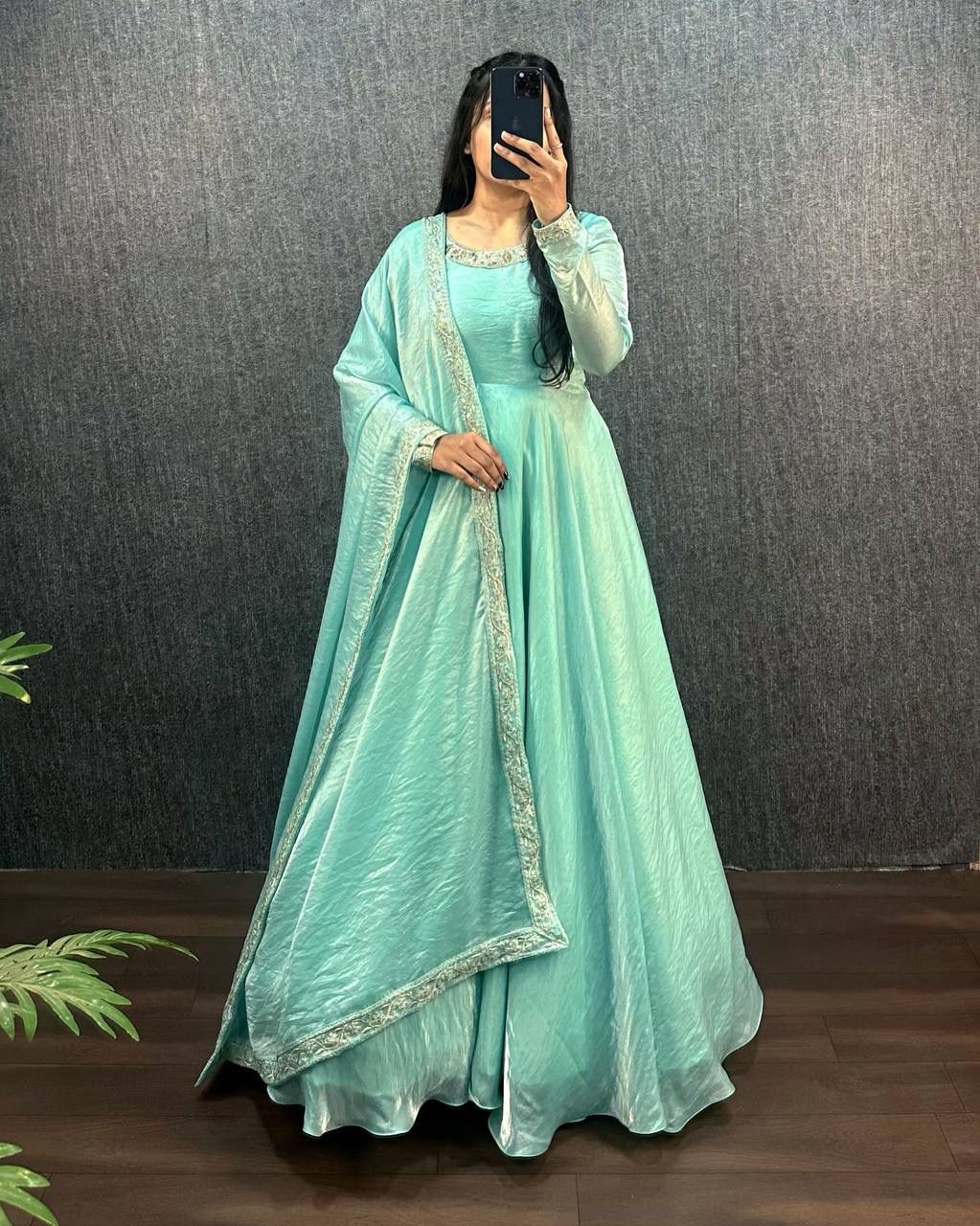 Glamorous Soft Fendy Silk Sequins Embroidered Gown with Dupatta