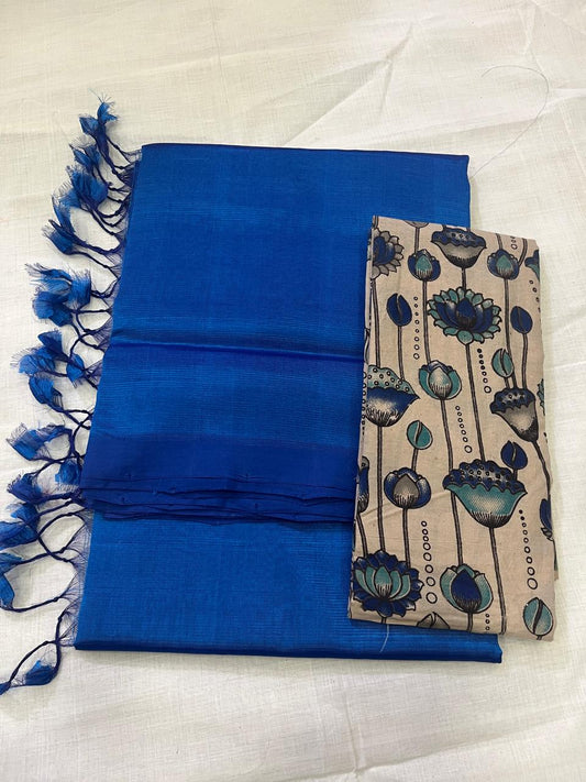 Elegant Royal Blue Mangalagiri Pattu Cotton Saree with Printed Contrast Blouse