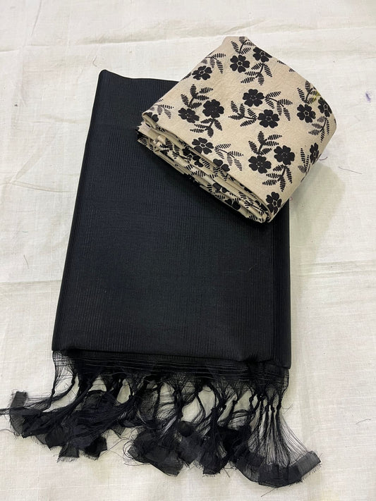Elegant Black Mangalagiri Pattu Cotton Saree with Floral Printed Contrast Blouse