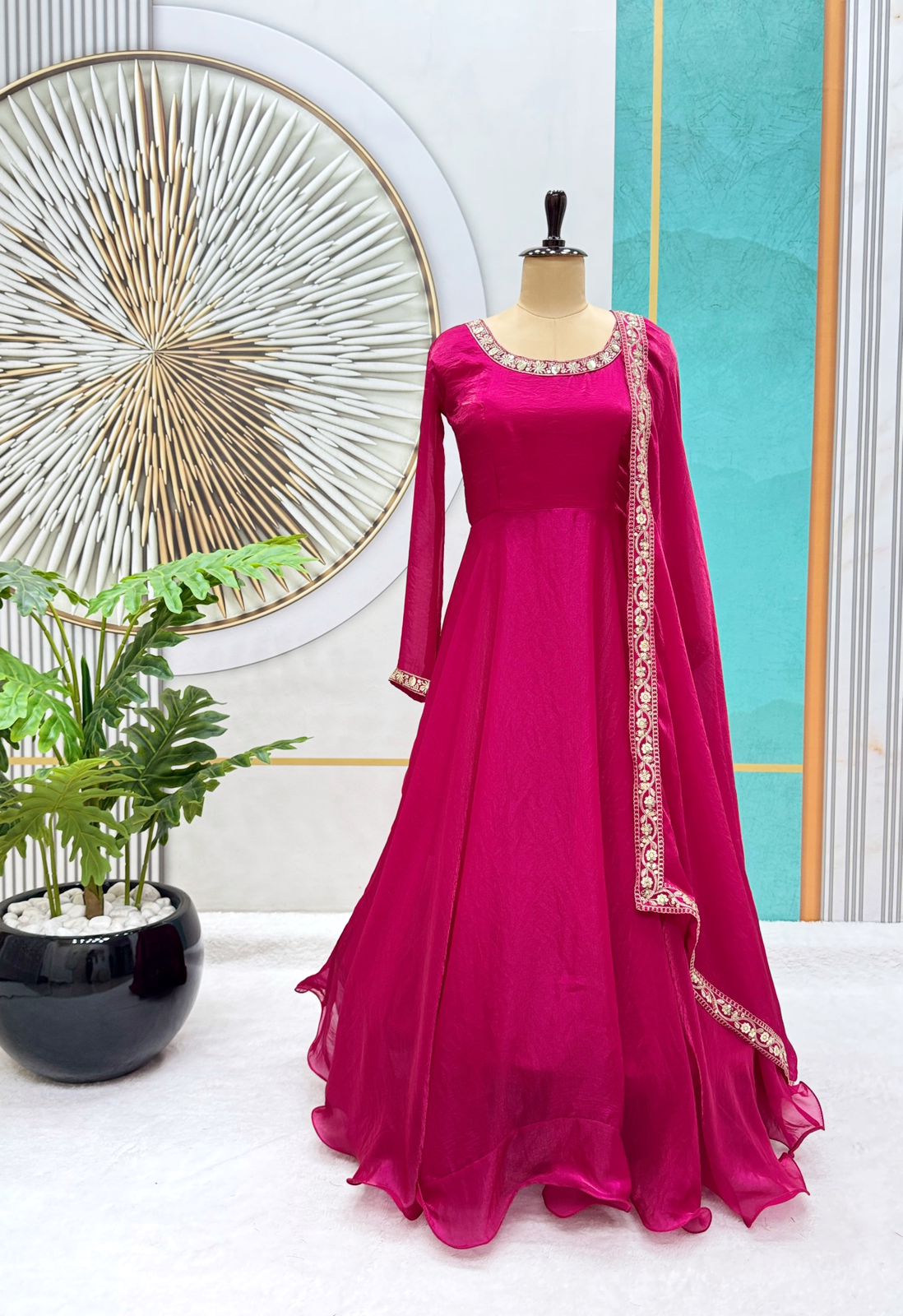 Glamorous Soft Fendy Silk Sequins Embroidered Gown with Dupatta