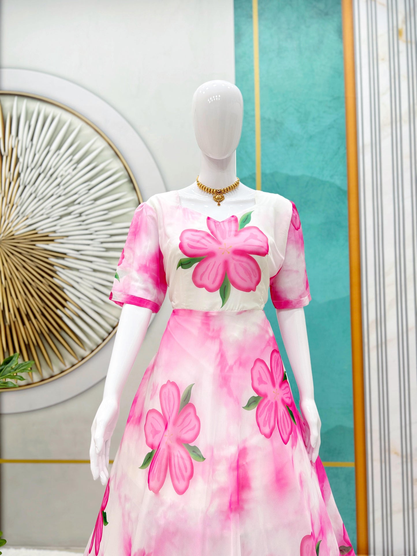 Elegant Pink Floral Soft Tabby Organza Gown - Free Size