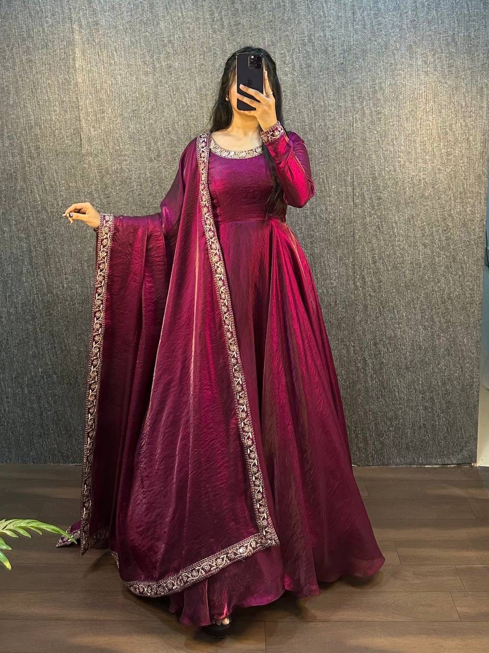 Glamorous Soft Fendy Silk Sequins Embroidered Gown with Dupatta