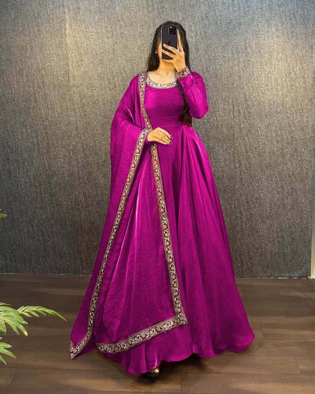 Glamorous Soft Fendy Silk Sequins Embroidered Gown with Dupatta