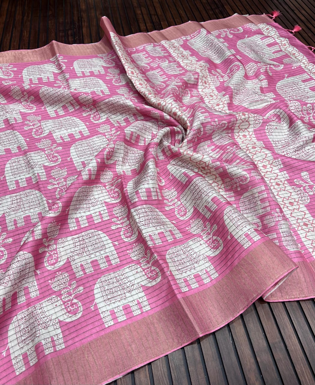 Elegant Dola Silk Zari Saree with Kalamkari Elephant Print