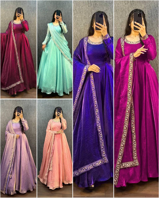 Glamorous Soft Fendy Silk Sequins Embroidered Gown with Dupatta