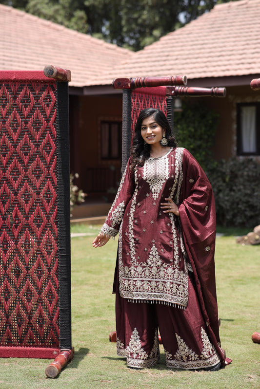 Exquisite Coffee Colour Kurti Plazzo 3-Piece Set