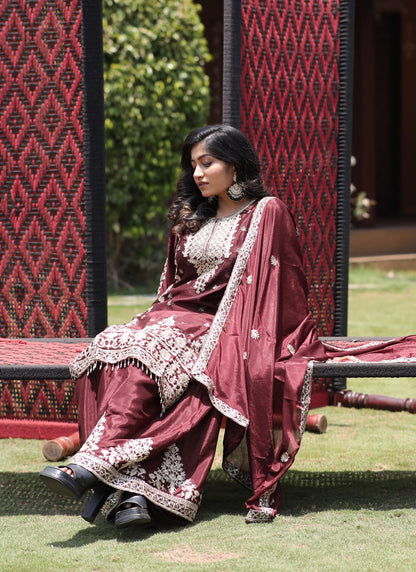 Exquisite Coffee Colour Kurti Plazzo 3-Piece Set
