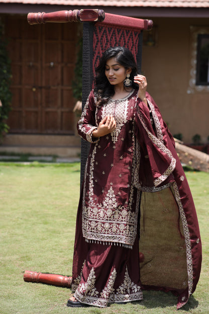 Exquisite Coffee Colour Kurti Plazzo 3-Piece Set