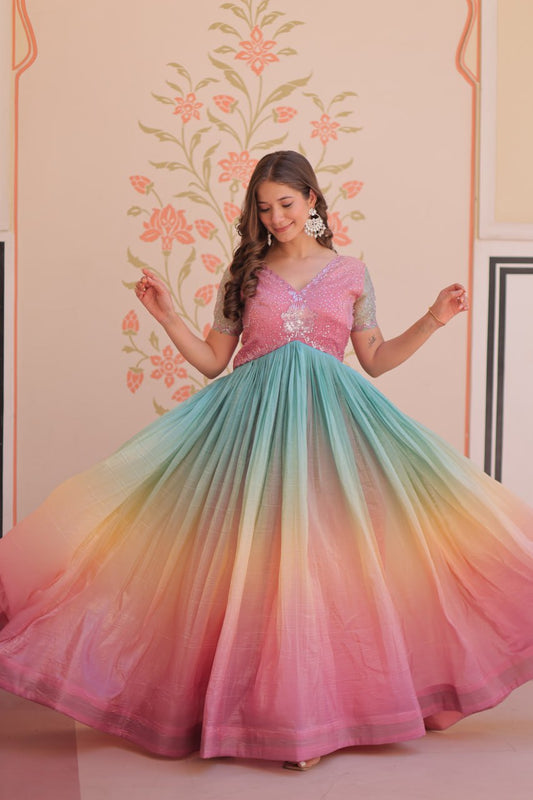 Radiant Rainbow Ombre Gown - Pink & Aqua Sequin Flair Dress ✨🌈
