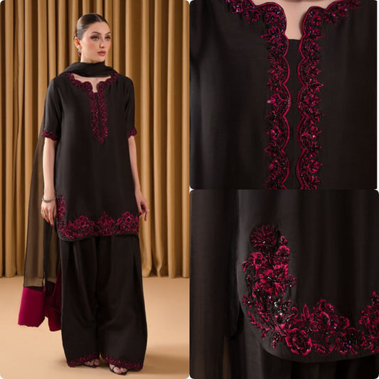 Designer Party Wear Crepe Co-Ord Set with Farshi Palazzo & Dupatta