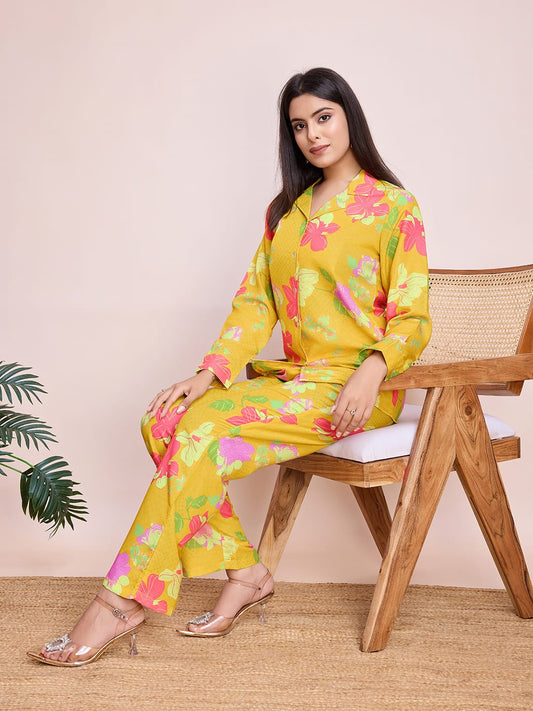 Chic Yellow Floral Rayon Slub Co-Ords Set - Ready-to-Wear