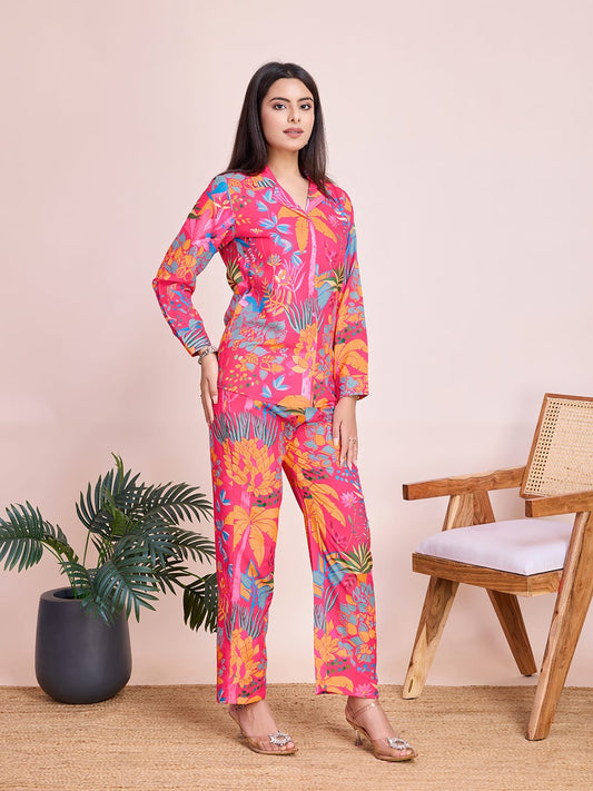 Vibrant Hot Pink Floral Rayon Slub Co-Ords Set - Ready-to-Wear
