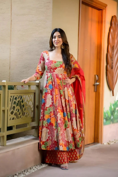 Vibrant Red Multi-Floral Muslin Cotton Anarkali Gown Set