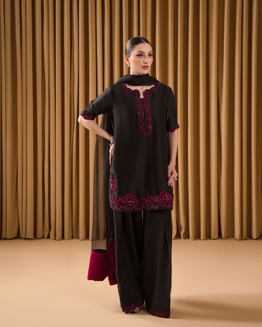 Designer Party Wear Crepe Co-Ord Set with Farshi Palazzo & Dupatta