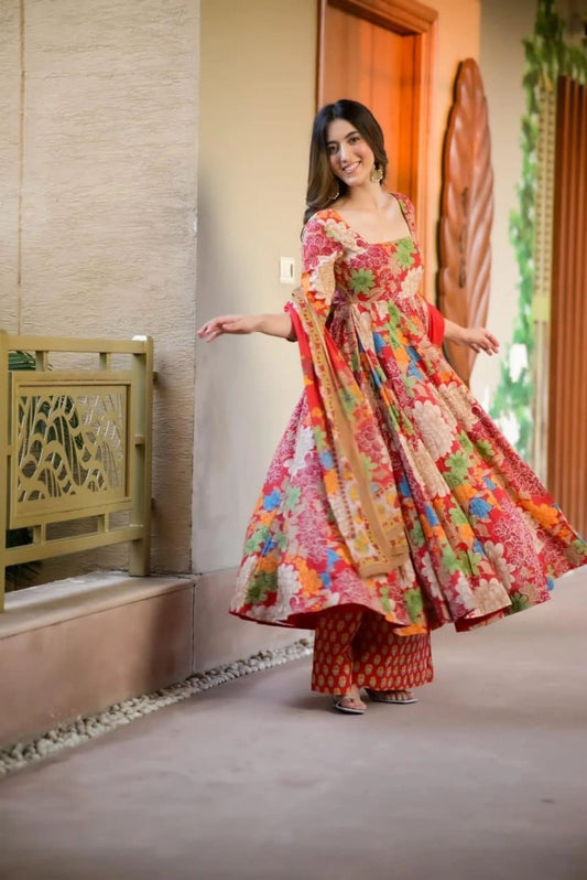 Vibrant Red Multi-Floral Muslin Cotton Anarkali Gown Set