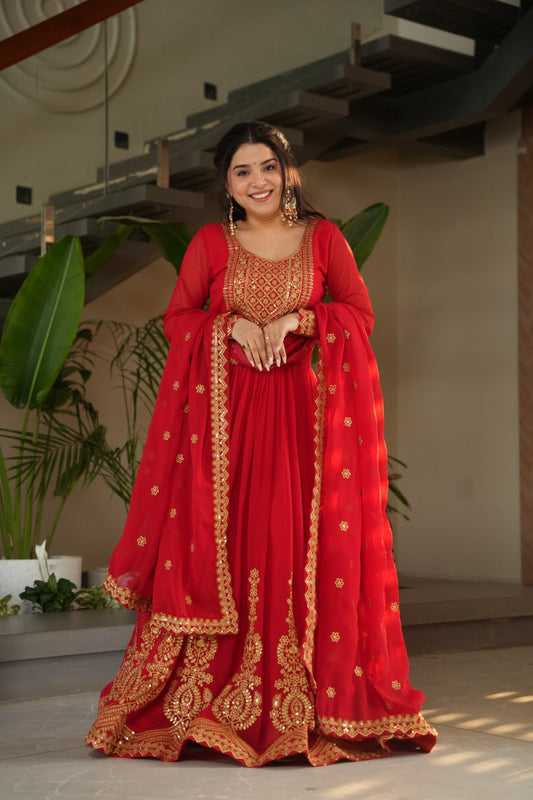 🌟 Drape Yourself in Royal Elegance – Maroon Premium Designer Gown with Dupatta