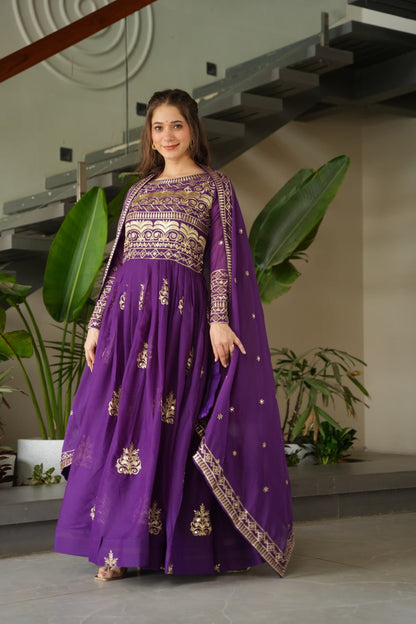 Premium Purple Embroidered Chinnon Gown with Dupatta