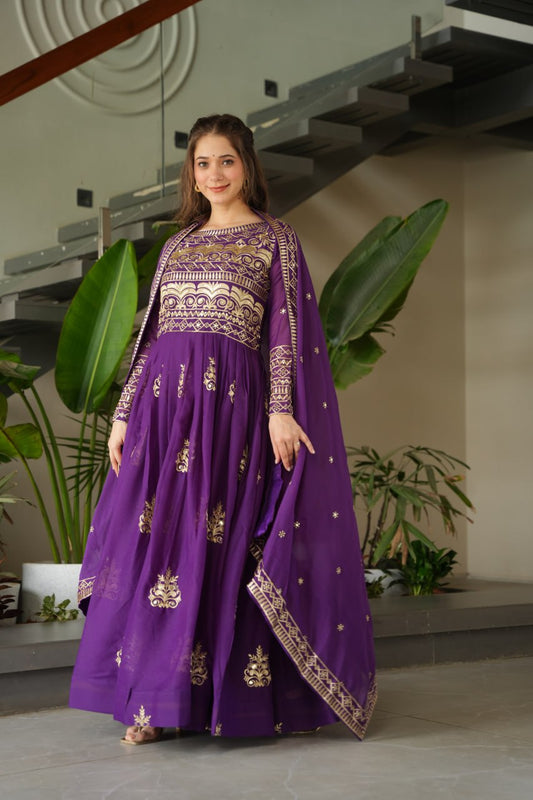 Premium Purple Embroidered Chinnon Gown with Dupatta