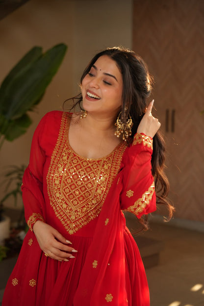 🌟 Drape Yourself in Royal Elegance – Maroon Premium Designer Gown with Dupatta