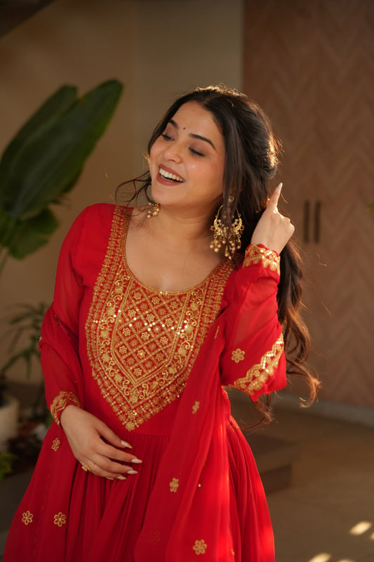 🌟 Drape Yourself in Royal Elegance – Maroon Premium Designer Gown with Dupatta