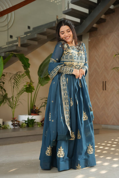 Premium Teal Blue Embroidered Chinnon Gown with Dupatta