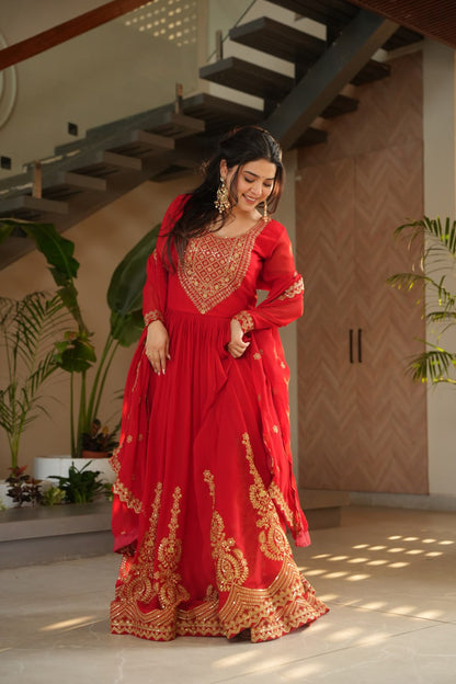 🌟 Drape Yourself in Royal Elegance – Maroon Premium Designer Gown with Dupatta
