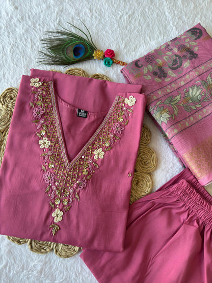 Premium Rouge Roman Silk Kurti Set with Chanderi Jacquard Dupatta
