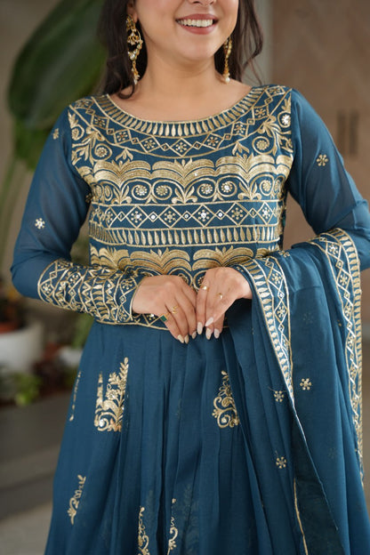 Premium Teal Blue Embroidered Chinnon Gown with Dupatta