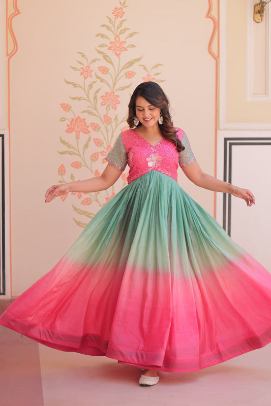 Ombre Sequin Embroidered V-Neck Gown - Pink & Green Flair Dress