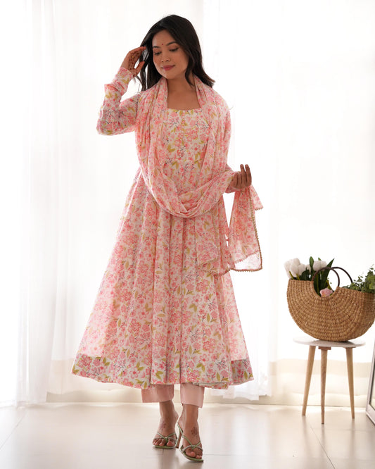 Pure Orange Chiffon Floral Print Anarkali Gown with Dupatta & Pant
