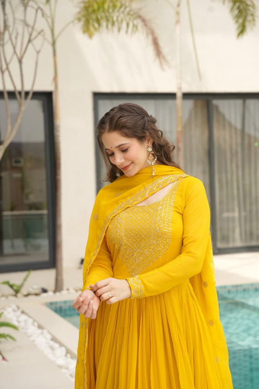 Radiate Elegance in Our Mustard Yellow Premium Designer Gown with Dupatta