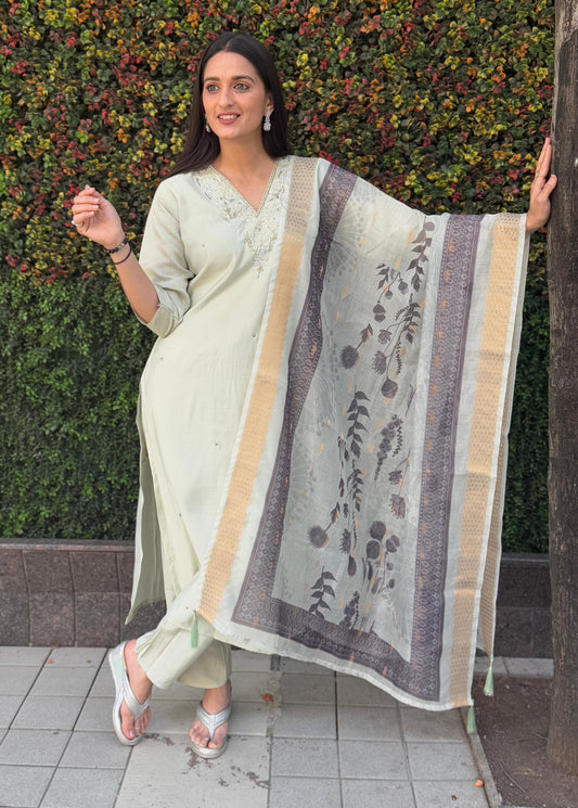 Elegant Roman Silk Kurti Pant Dupatta Set - Handwork Detailing | MA³ Store