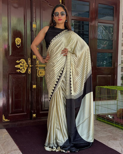 Elegant Striped Semi Gajji Silk Saree with Contrast Border - Premium Quality Printed Saree