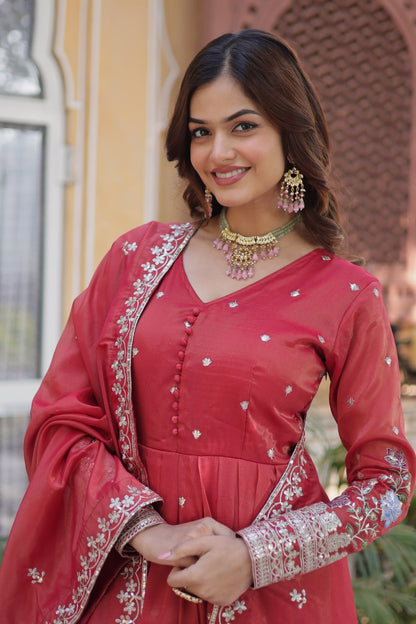Ethereal Coral Orange Gown with Dupatta - Embroidered Viscose Cosmos Set 🧡✨