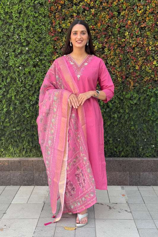 Premium Rouge Roman Silk Kurti Set with Chanderi Jacquard Dupatta