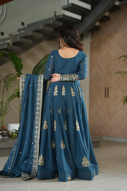 Premium Teal Blue Embroidered Chinnon Gown with Dupatta