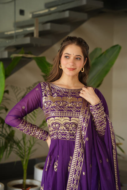 Premium Purple Embroidered Chinnon Gown with Dupatta
