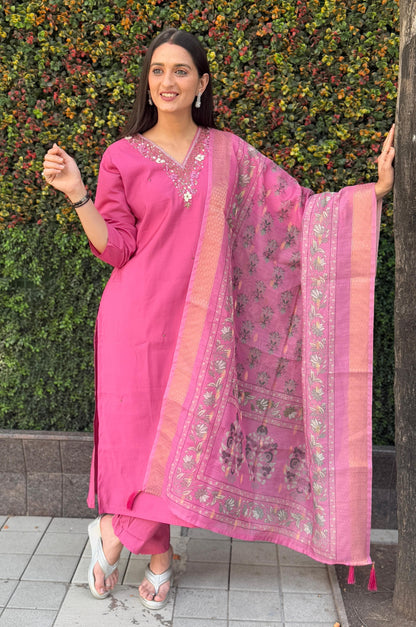 Premium Rouge Roman Silk Kurti Set with Chanderi Jacquard Dupatta
