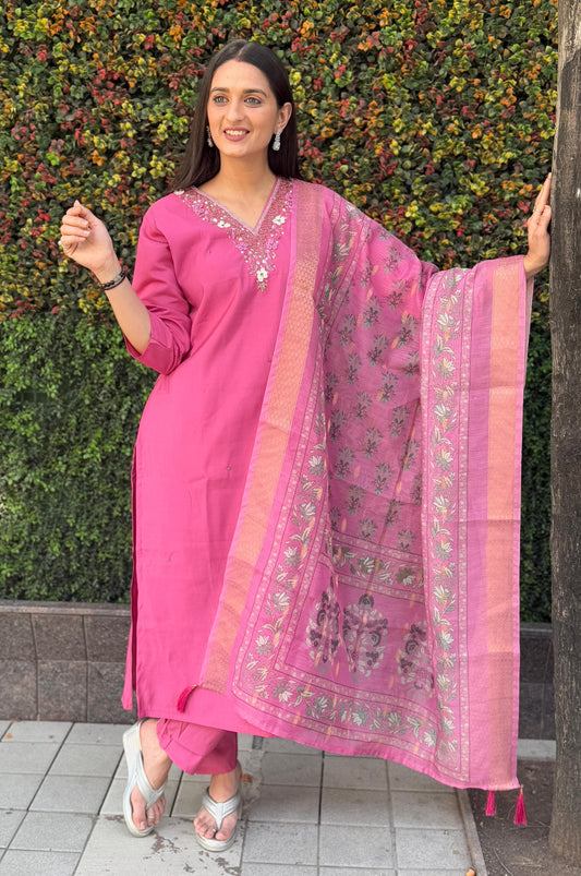 Premium Rouge Roman Silk Kurti Set with Chanderi Jacquard Dupatta