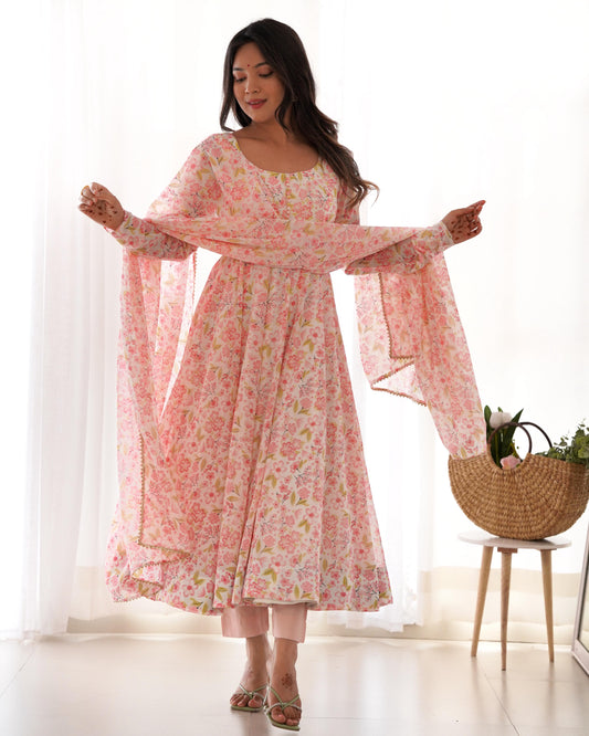 Pure Orange Chiffon Floral Print Anarkali Gown with Dupatta & Pant